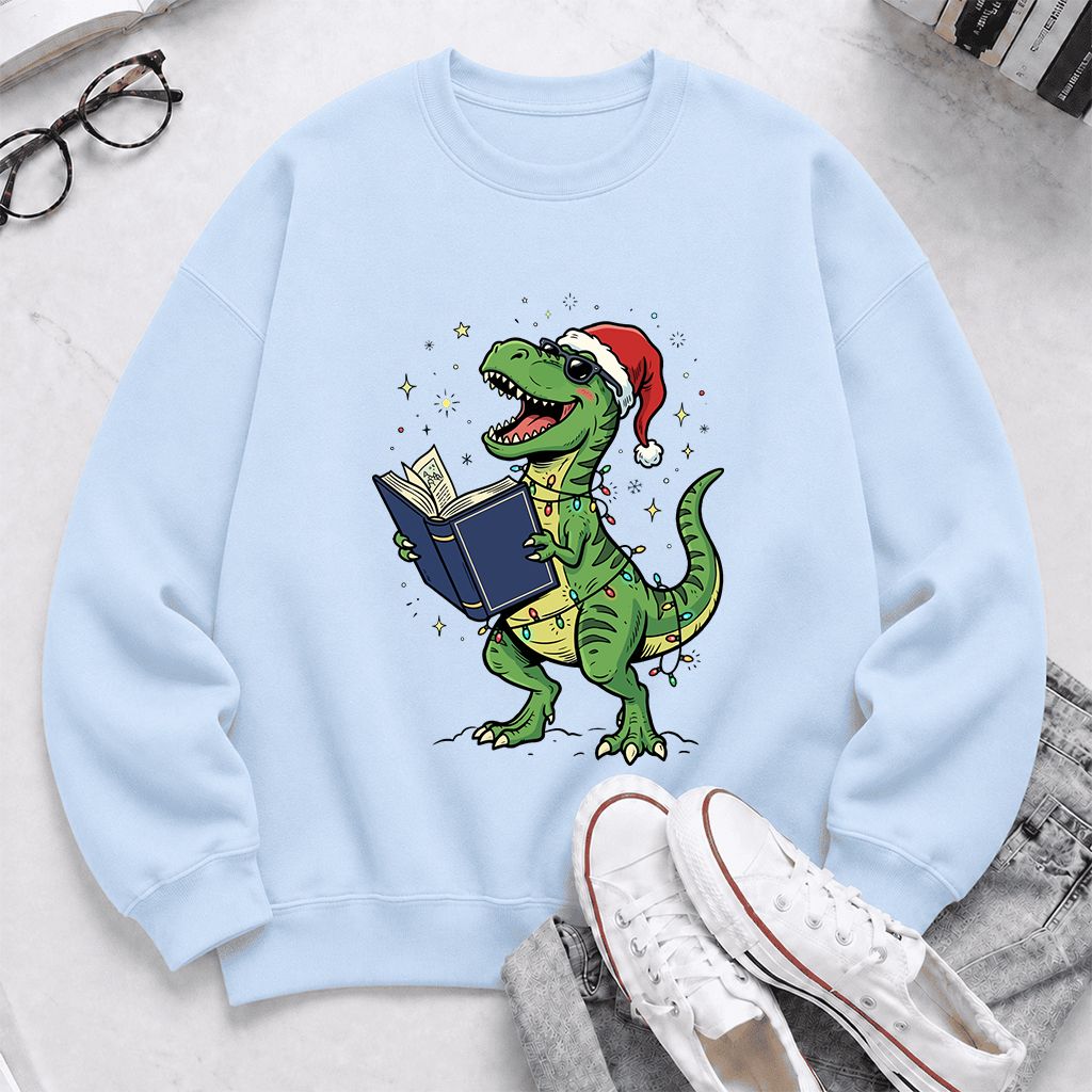 T-Rex Wearing Santa Hat And Reading Printed Sweatshirt | Christmas Reader Gift Light Blue