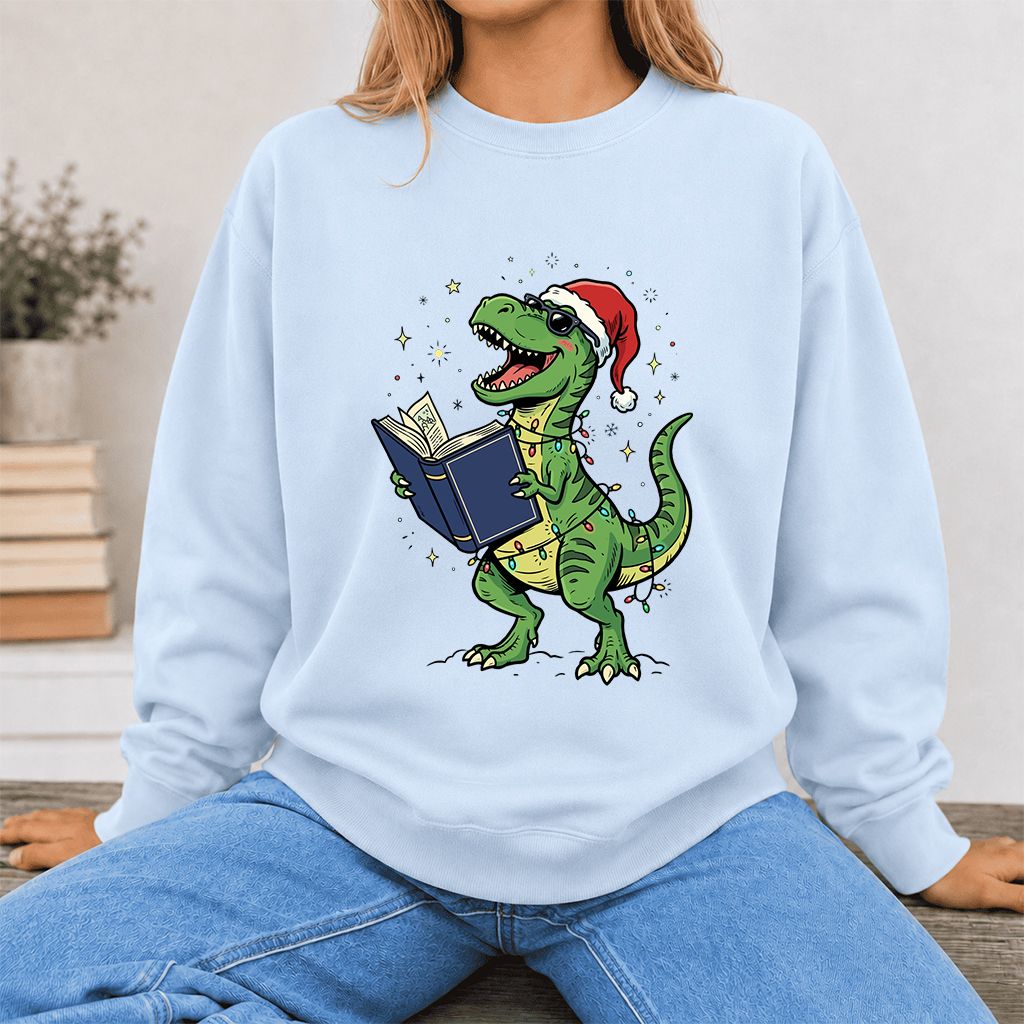 T-Rex Wearing Santa Hat And Reading Printed Sweatshirt | Christmas Reader Gift Light Blue