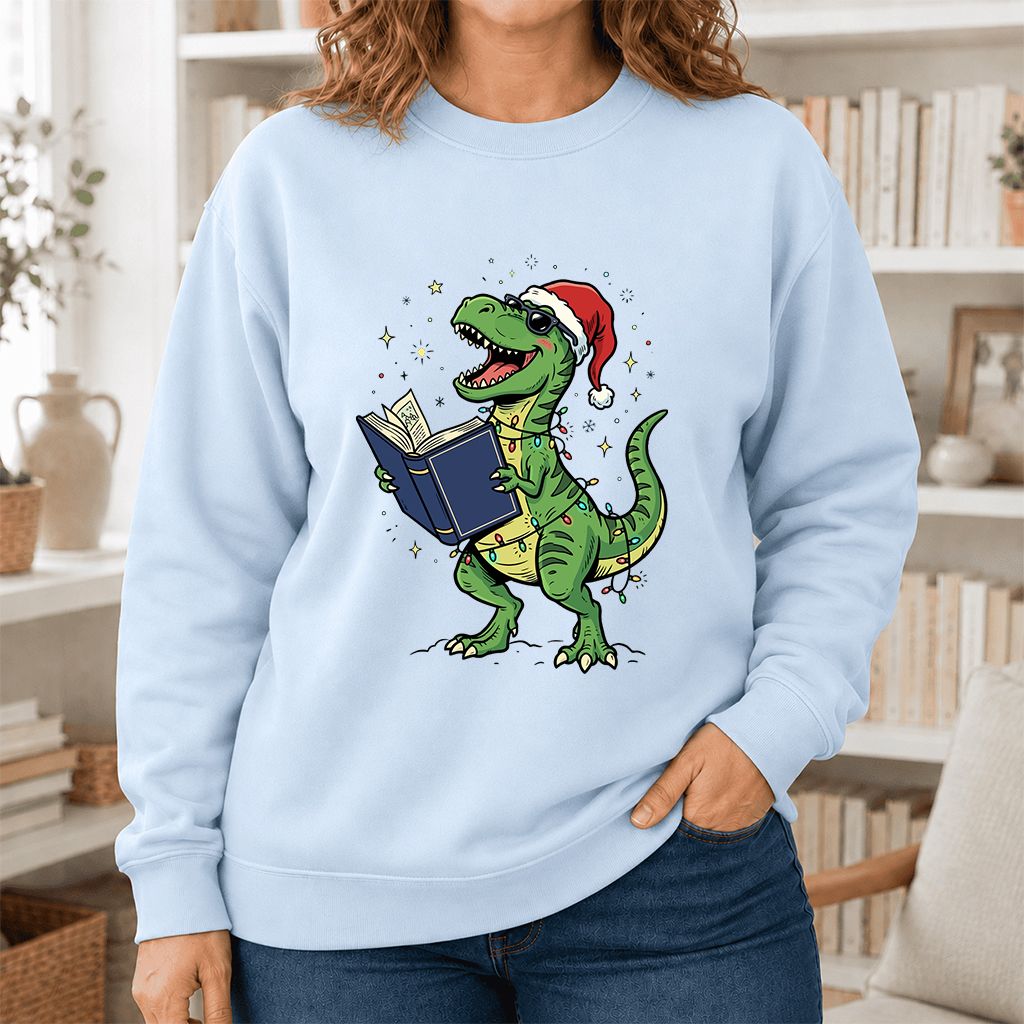 T-Rex Wearing Santa Hat And Reading Printed Sweatshirt | Christmas Reader Gift Light Blue