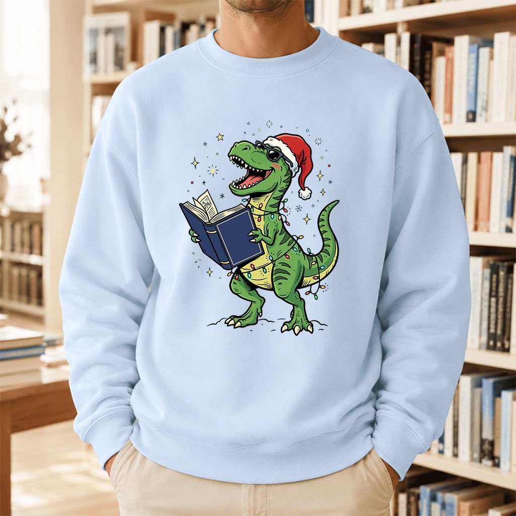 T-Rex Wearing Santa Hat And Reading Printed Sweatshirt | Christmas Reader Gift Light Blue