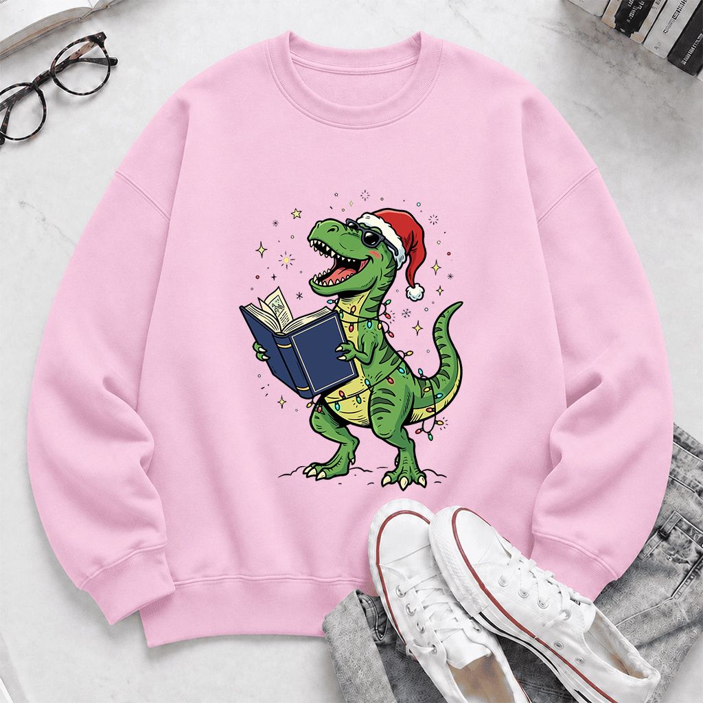 T-Rex Wearing Santa Hat And Reading Printed Sweatshirt | Christmas Reader Gift Light Pink