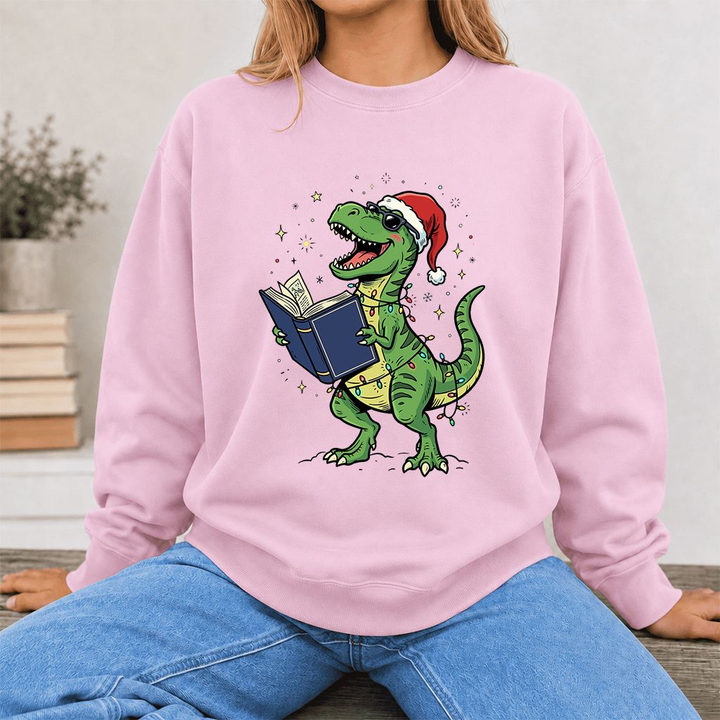 T-Rex Wearing Santa Hat And Reading Printed Sweatshirt | Christmas Reader Gift Light Pink