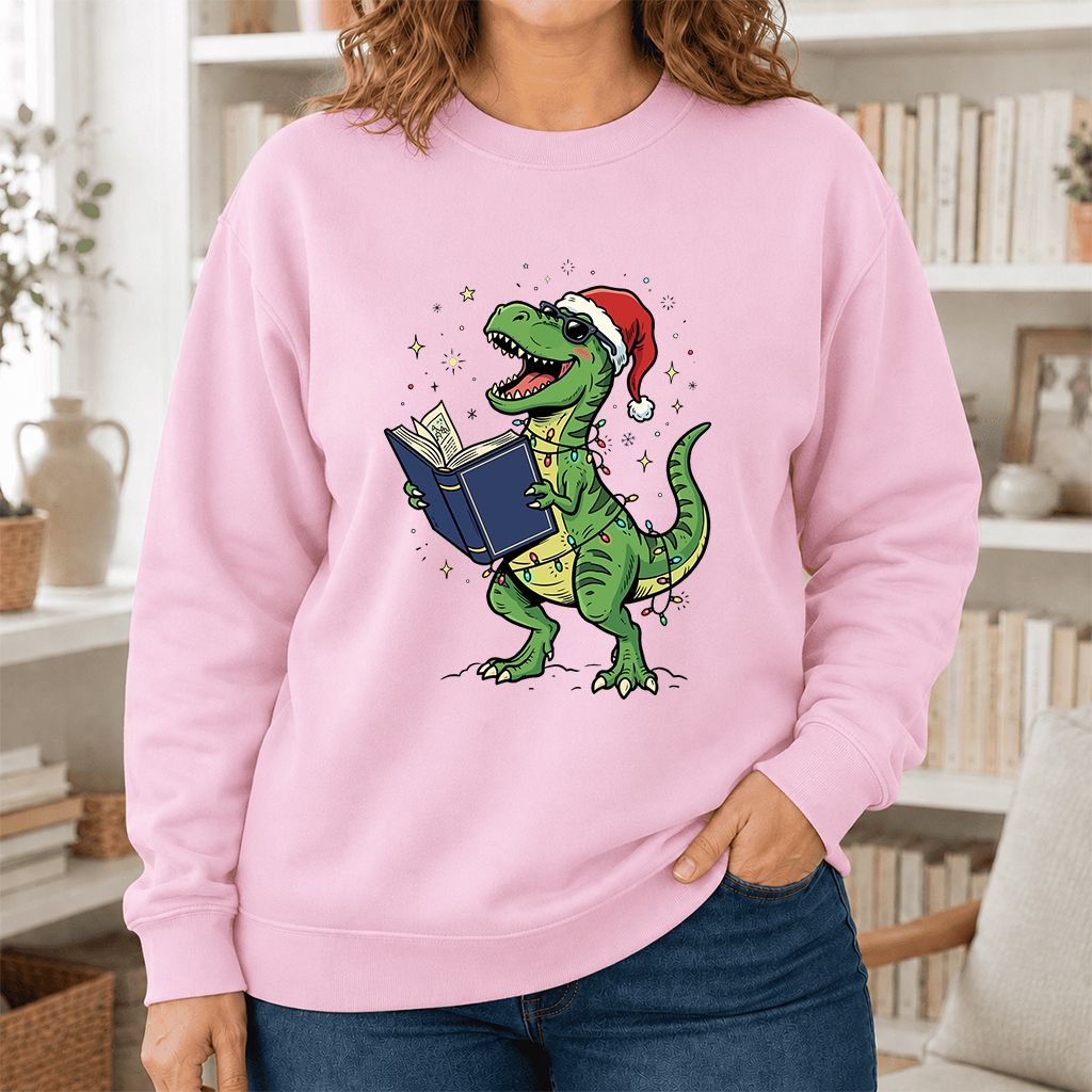 T-Rex Wearing Santa Hat And Reading Printed Sweatshirt | Christmas Reader Gift Light Pink
