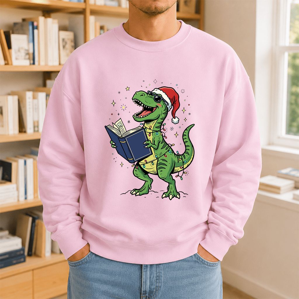 T-Rex Wearing Santa Hat And Reading Printed Sweatshirt | Christmas Reader Gift Light Pink