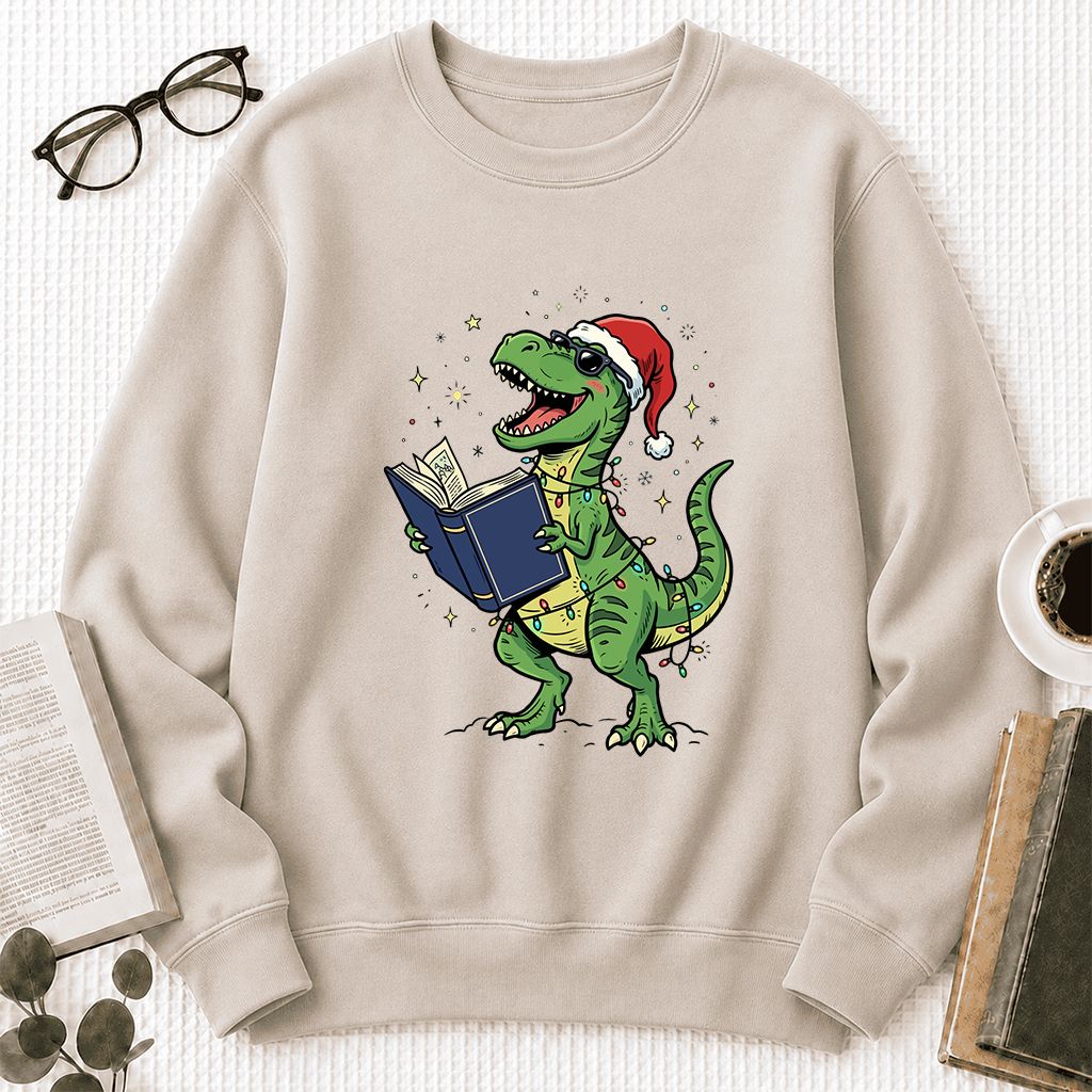 T-Rex Wearing Santa Hat And Reading Printed Sweatshirt | Christmas Reader Gift Sand