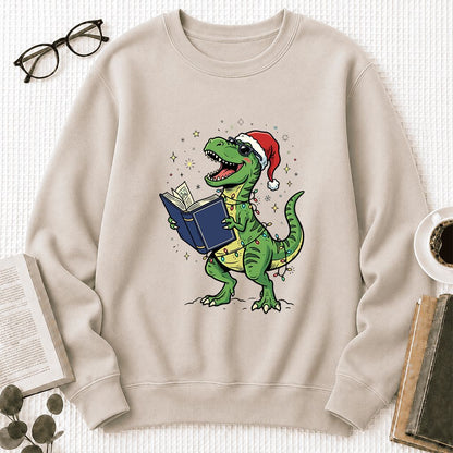 T-Rex Wearing Santa Hat And Reading Printed Sweatshirt | Christmas Reader Gift Sand