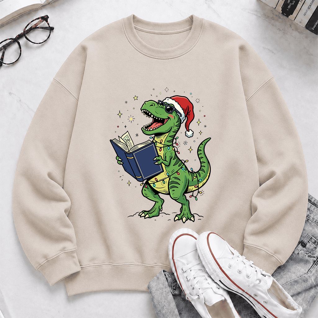 T-Rex Wearing Santa Hat And Reading Printed Sweatshirt | Christmas Reader Gift Sand