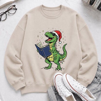 T-Rex Wearing Santa Hat And Reading Printed Sweatshirt | Christmas Reader Gift Sand