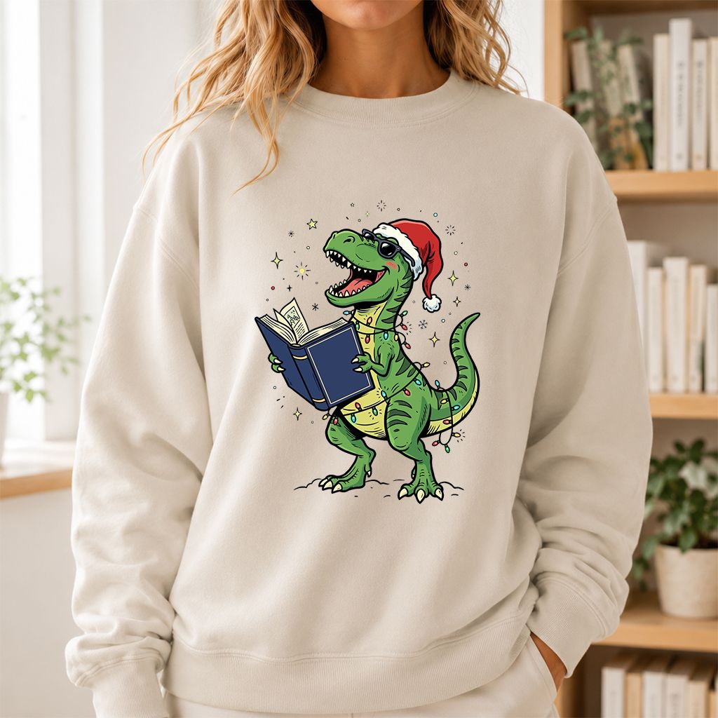 T-Rex Wearing Santa Hat And Reading Printed Sweatshirt | Christmas Reader Gift Sand
