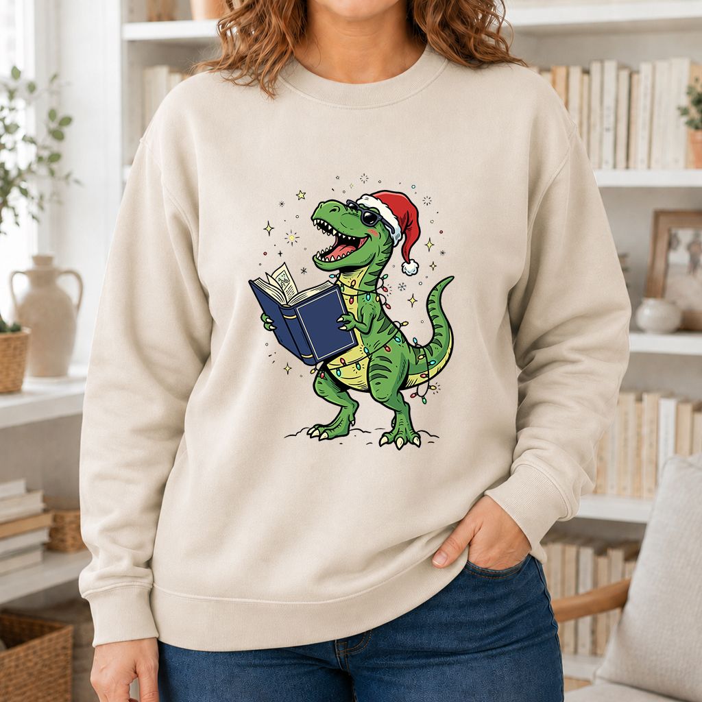 T-Rex Wearing Santa Hat And Reading Printed Sweatshirt | Christmas Reader Gift Sand