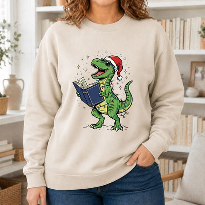 T-Rex Wearing Santa Hat And Reading Printed Sweatshirt | Christmas Reader Gift Sand