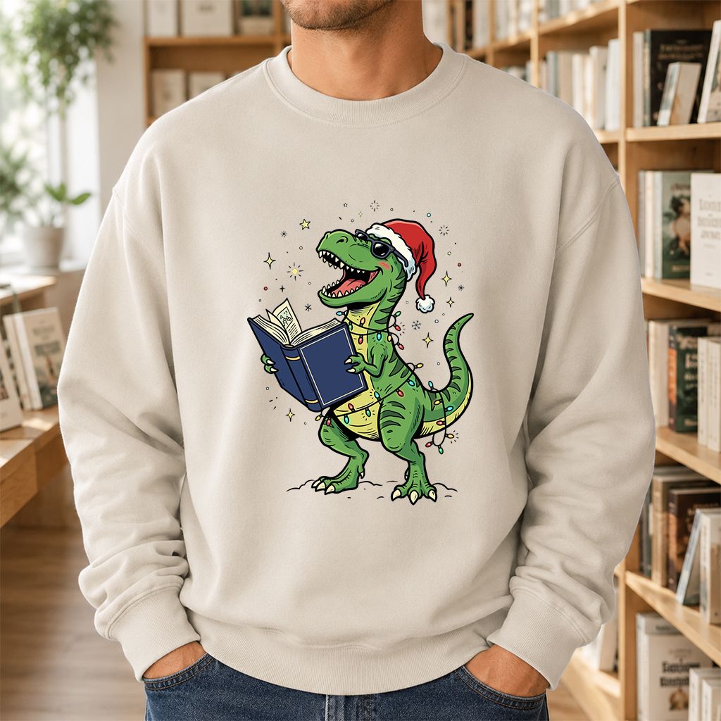 T-Rex Wearing Santa Hat And Reading Printed Sweatshirt | Christmas Reader Gift Sand