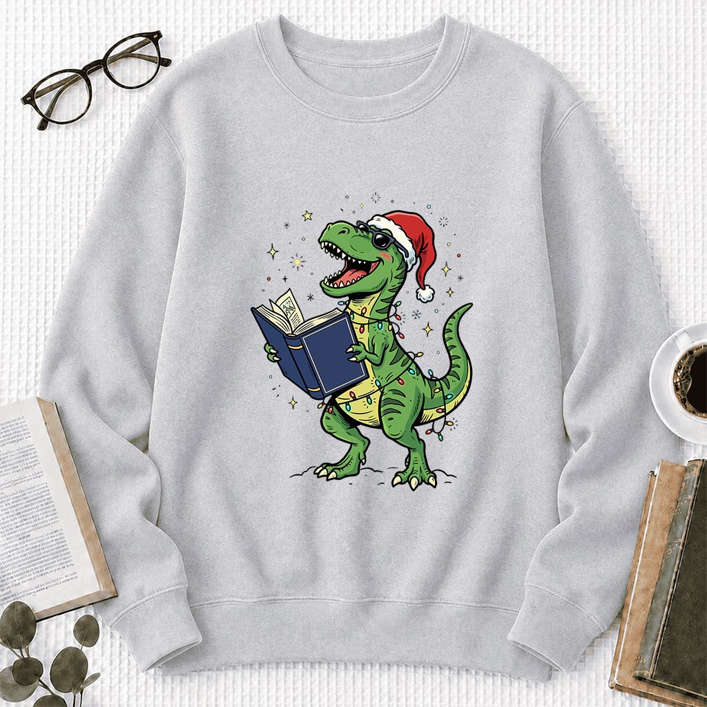 T-Rex Wearing Santa Hat And Reading Printed Sweatshirt | Christmas Reader Gift Sport Grey