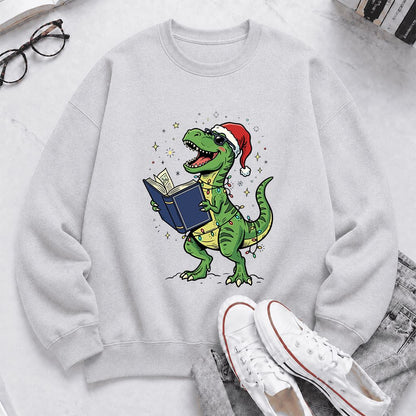 T-Rex Wearing Santa Hat And Reading Printed Sweatshirt | Christmas Reader Gift Sport Grey