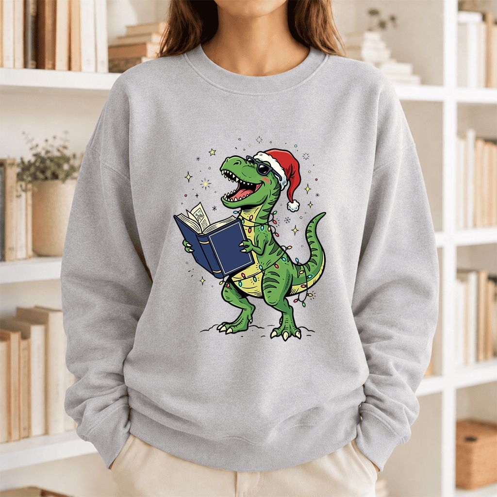 T-Rex Wearing Santa Hat And Reading Printed Sweatshirt | Christmas Reader Gift Sport Grey