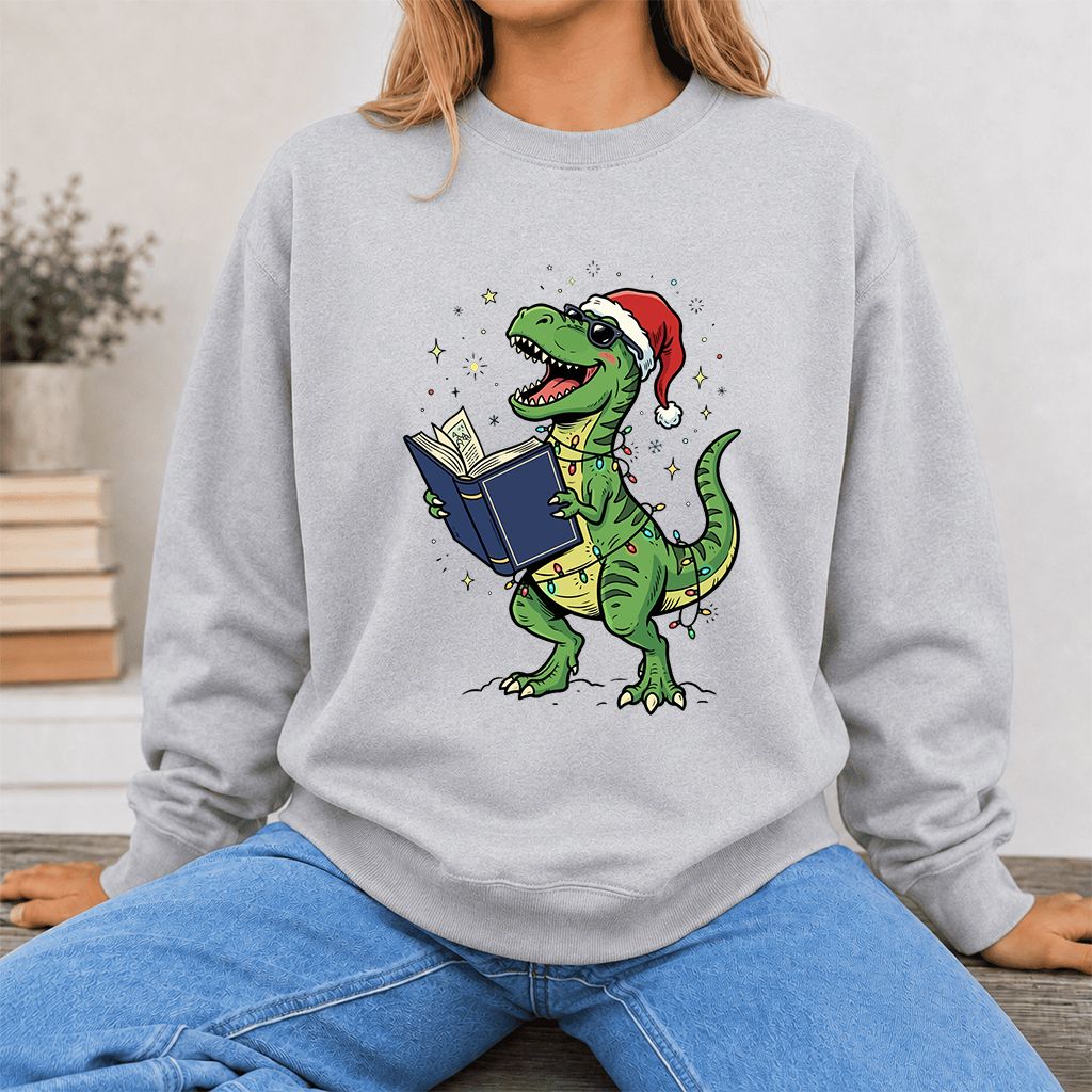 T-Rex Wearing Santa Hat And Reading Printed Sweatshirt | Christmas Reader Gift Sport Grey