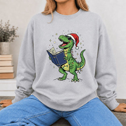 T-Rex Wearing Santa Hat And Reading Printed Sweatshirt | Christmas Reader Gift Sport Grey