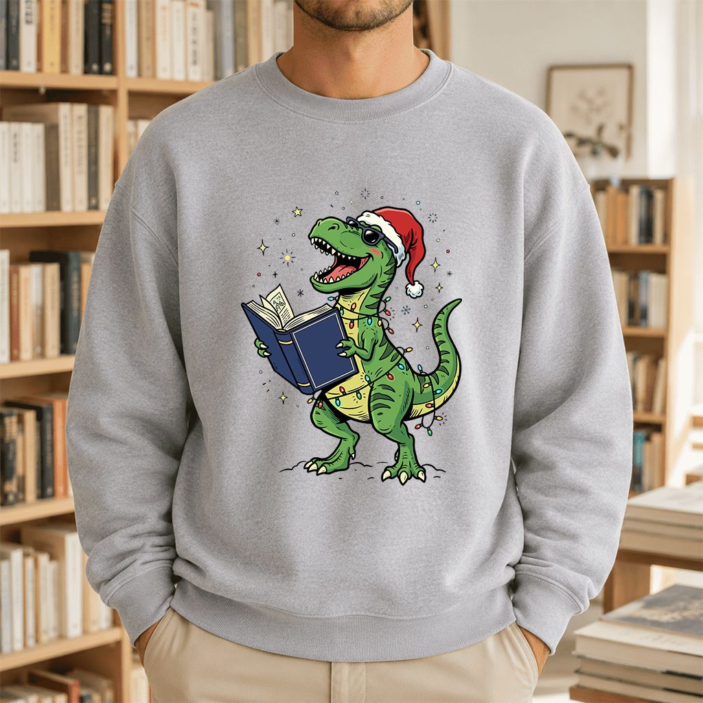 T-Rex Wearing Santa Hat And Reading Printed Sweatshirt | Christmas Reader Gift Sport Grey