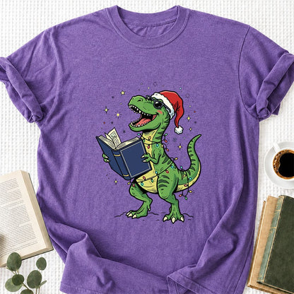 T-Rex Wearing Santa Hat And Reading Printed T-Shirt | Christmas Reader Gift Heather Purple
