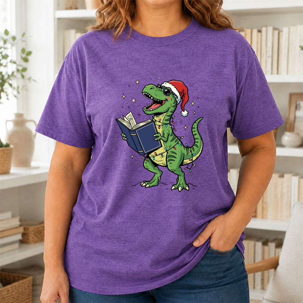 T-Rex Wearing Santa Hat And Reading Printed T-Shirt | Christmas Reader Gift Heather Purple
