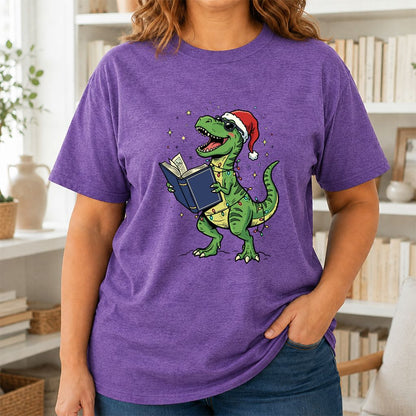 T-Rex Wearing Santa Hat And Reading Printed T-Shirt | Christmas Reader Gift Heather Purple