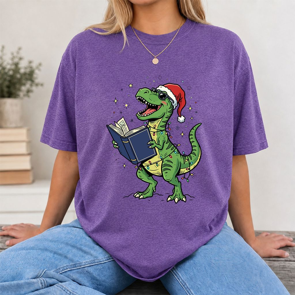 T-Rex Wearing Santa Hat And Reading Printed T-Shirt | Christmas Reader Gift Heather Purple
