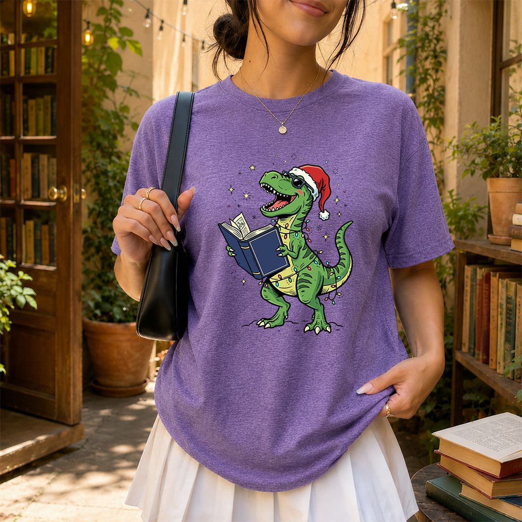 T-Rex Wearing Santa Hat And Reading Printed T-Shirt | Christmas Reader Gift Heather Purple