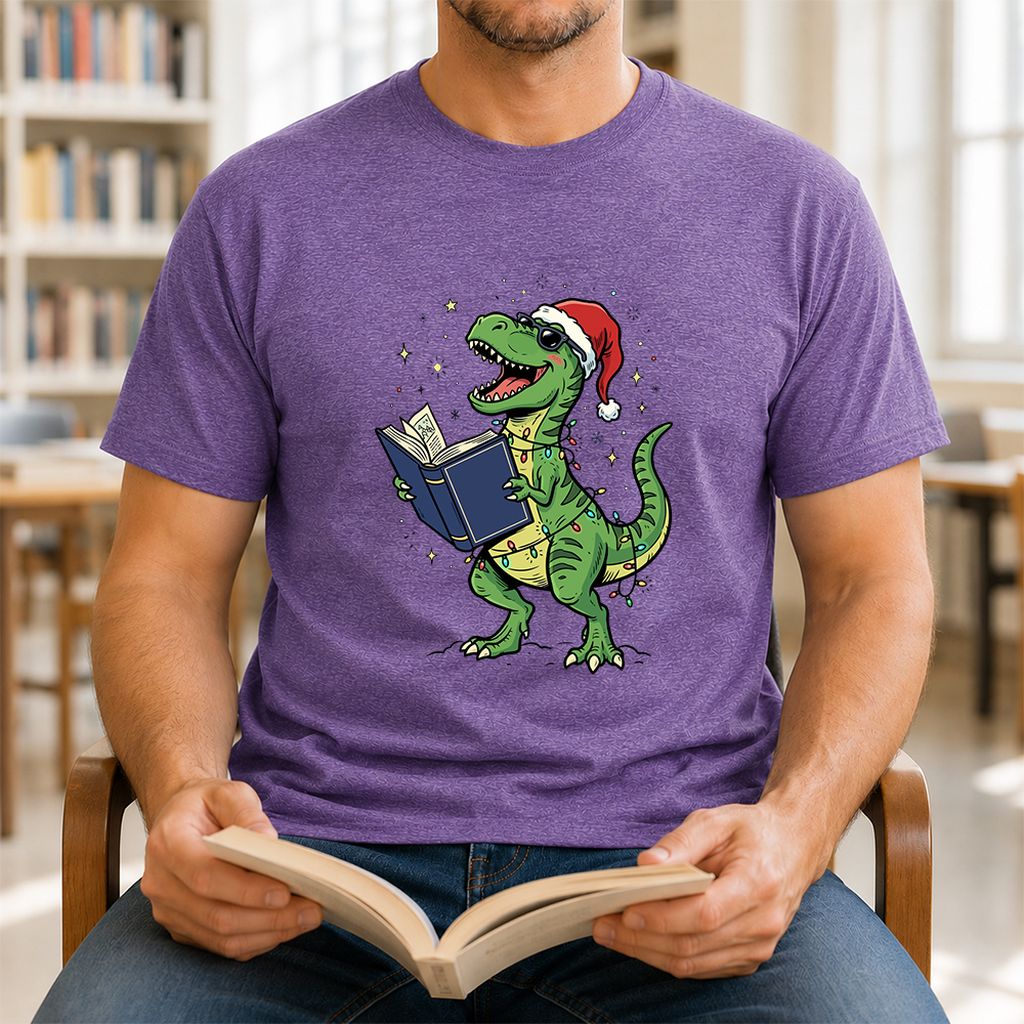 T-Rex Wearing Santa Hat And Reading Printed T-Shirt | Christmas Reader Gift Heather Purple