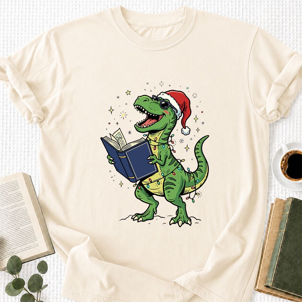T-Rex Wearing Santa Hat And Reading Printed T-Shirt | Christmas Reader Gift Natural