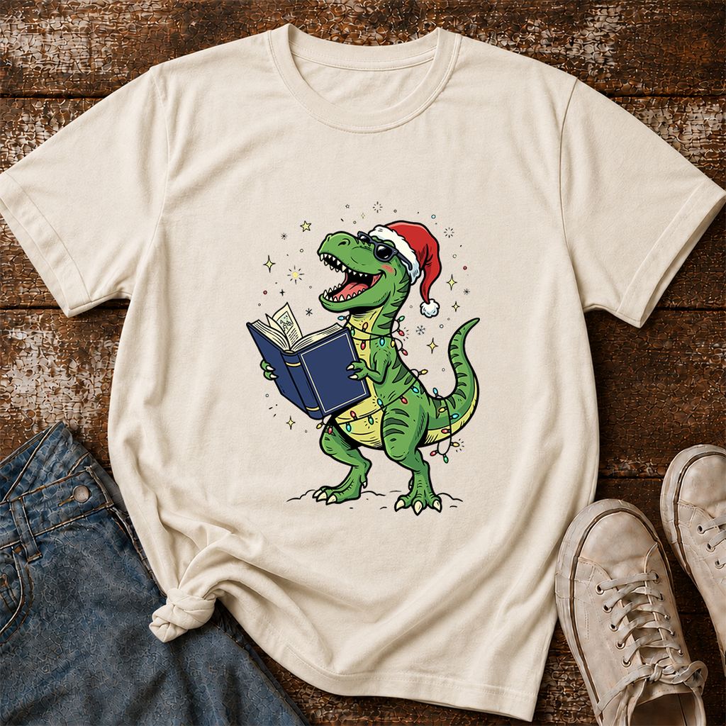 T-Rex Wearing Santa Hat And Reading Printed T-Shirt | Christmas Reader Gift Natural