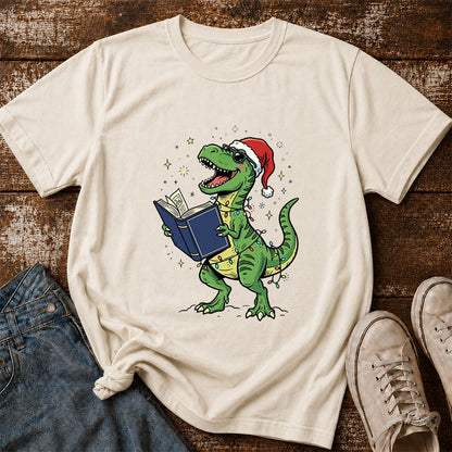 T-Rex Wearing Santa Hat And Reading Printed T-Shirt | Christmas Reader Gift Natural