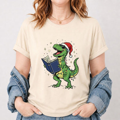 T-Rex Wearing Santa Hat And Reading Printed T-Shirt | Christmas Reader Gift Natural