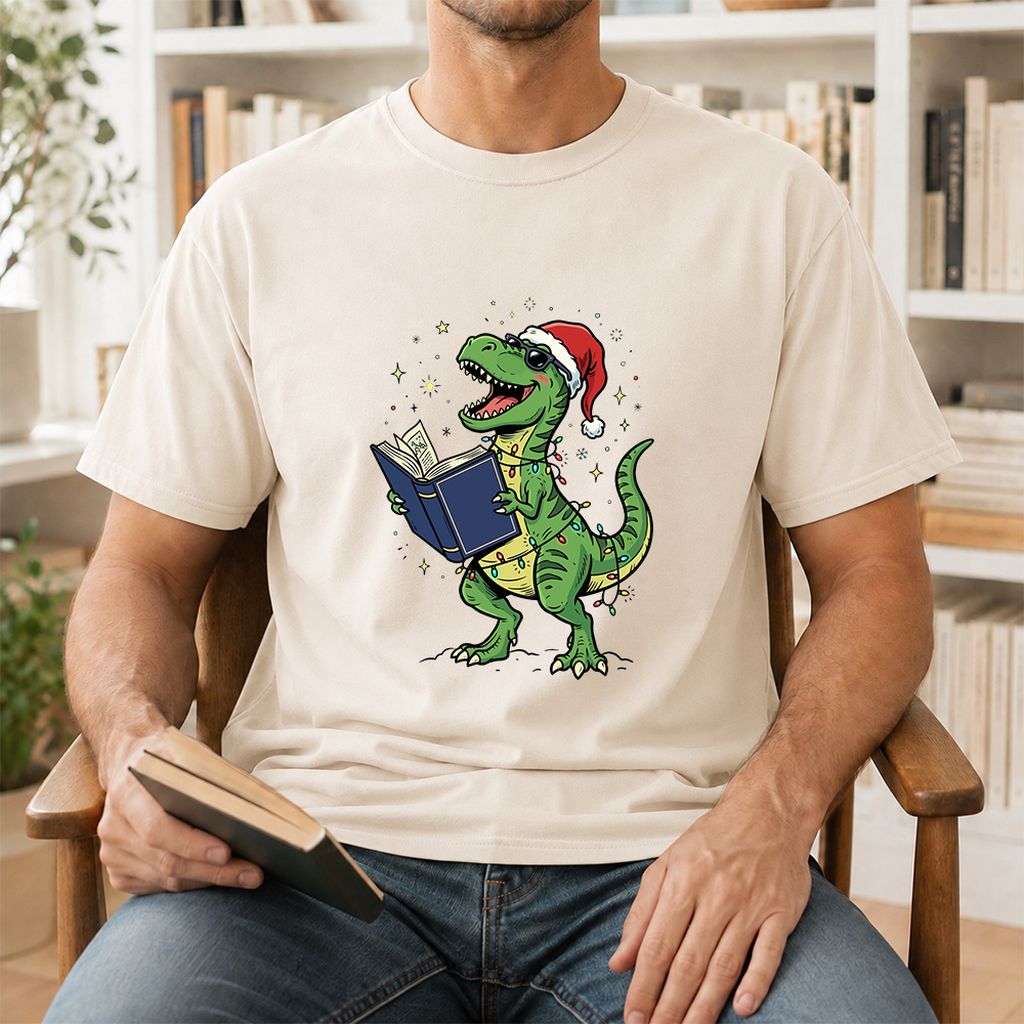 T-Rex Wearing Santa Hat And Reading Printed T-Shirt | Christmas Reader Gift Natural