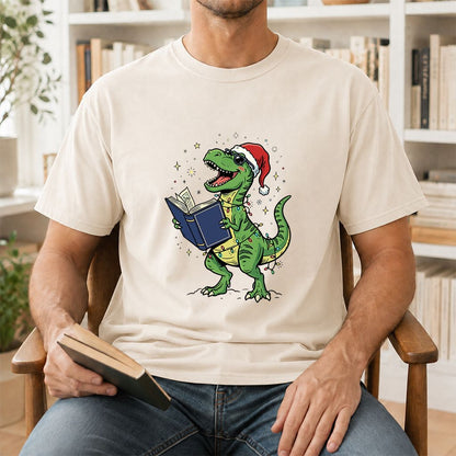 T-Rex Wearing Santa Hat And Reading Printed T-Shirt | Christmas Reader Gift Natural
