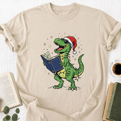 T-Rex Wearing Santa Hat And Reading Printed T-Shirt | Christmas Reader Gift Sand