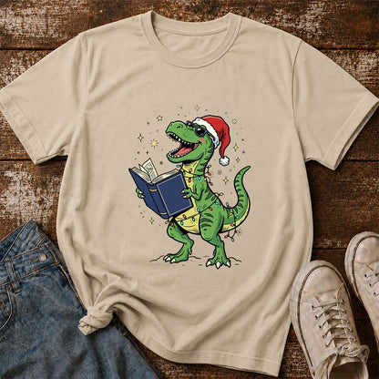 T-Rex Wearing Santa Hat And Reading Printed T-Shirt | Christmas Reader Gift Sand