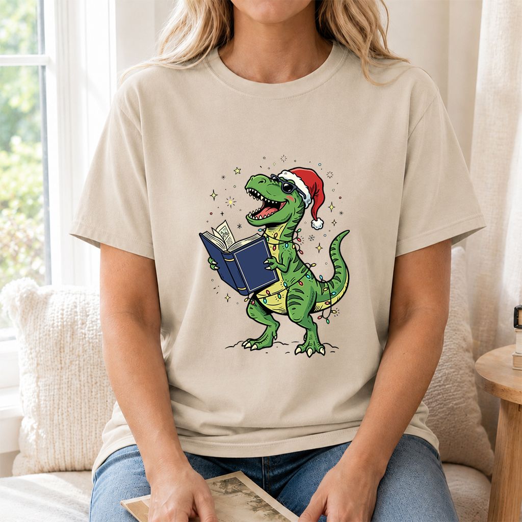 T-Rex Wearing Santa Hat And Reading Printed T-Shirt | Christmas Reader Gift Sand