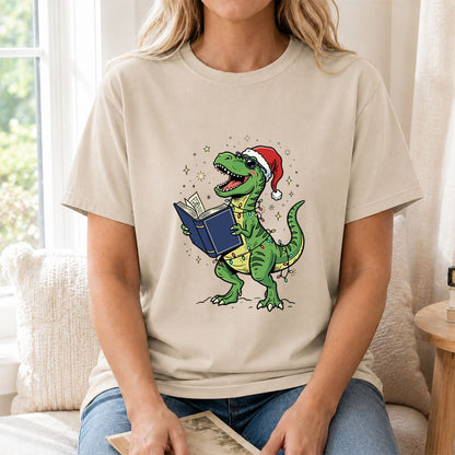 T-Rex Wearing Santa Hat And Reading Printed T-Shirt | Christmas Reader Gift Sand