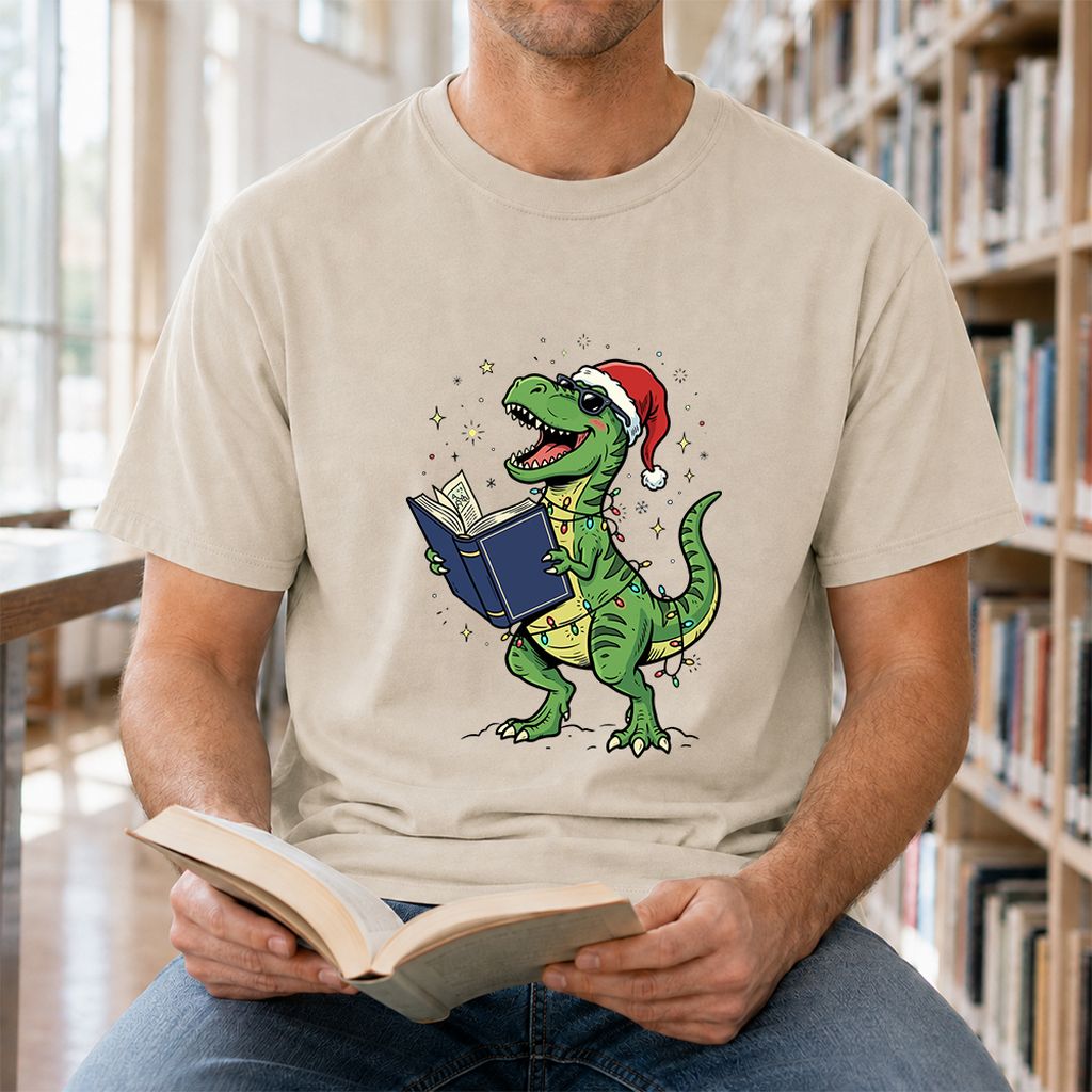 T-Rex Wearing Santa Hat And Reading Printed T-Shirt | Christmas Reader Gift Sand