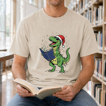 T-Rex Wearing Santa Hat And Reading Printed T-Shirt | Christmas Reader Gift Sand