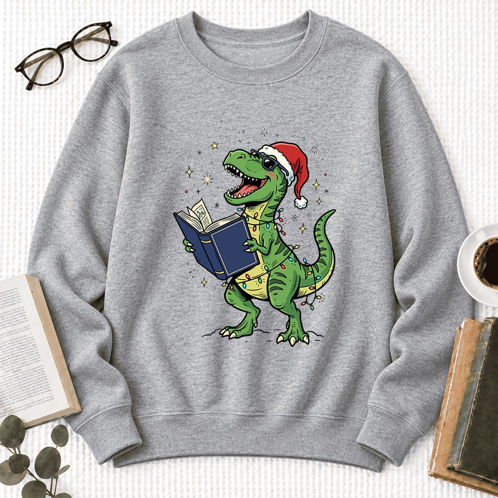 T-Rex Wearing Santa Hat And Reading Softstyle Sweatshirt | Christmas Reader Gift Sport Grey