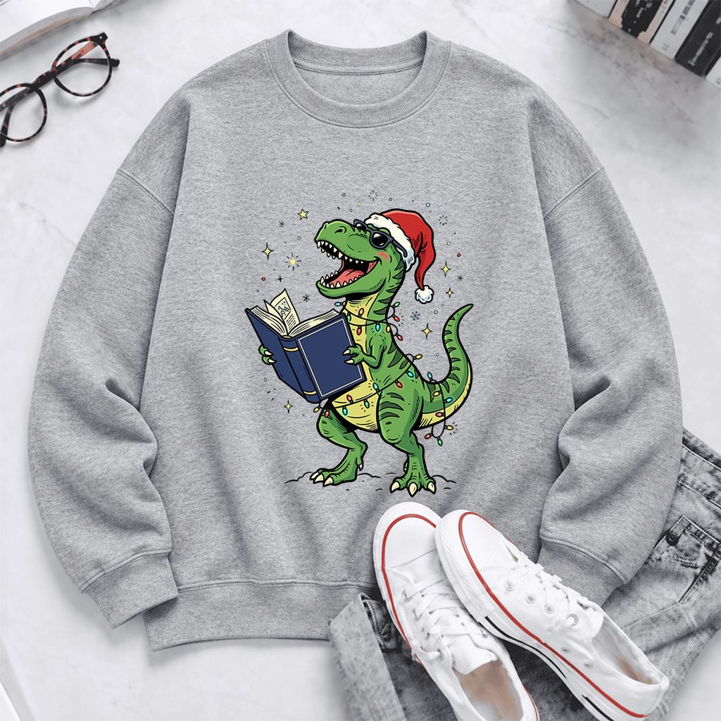 T-Rex Wearing Santa Hat And Reading Softstyle Sweatshirt | Christmas Reader Gift Sport Grey