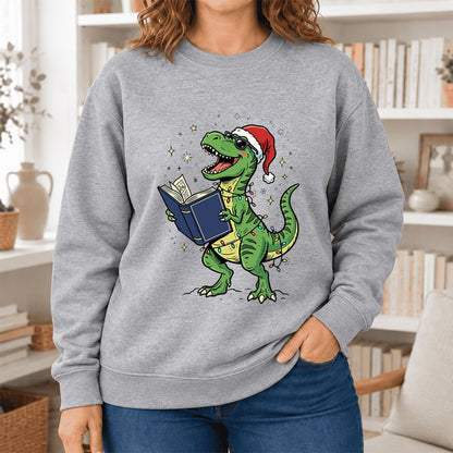 T-Rex Wearing Santa Hat And Reading Softstyle Sweatshirt | Christmas Reader Gift Sport Grey