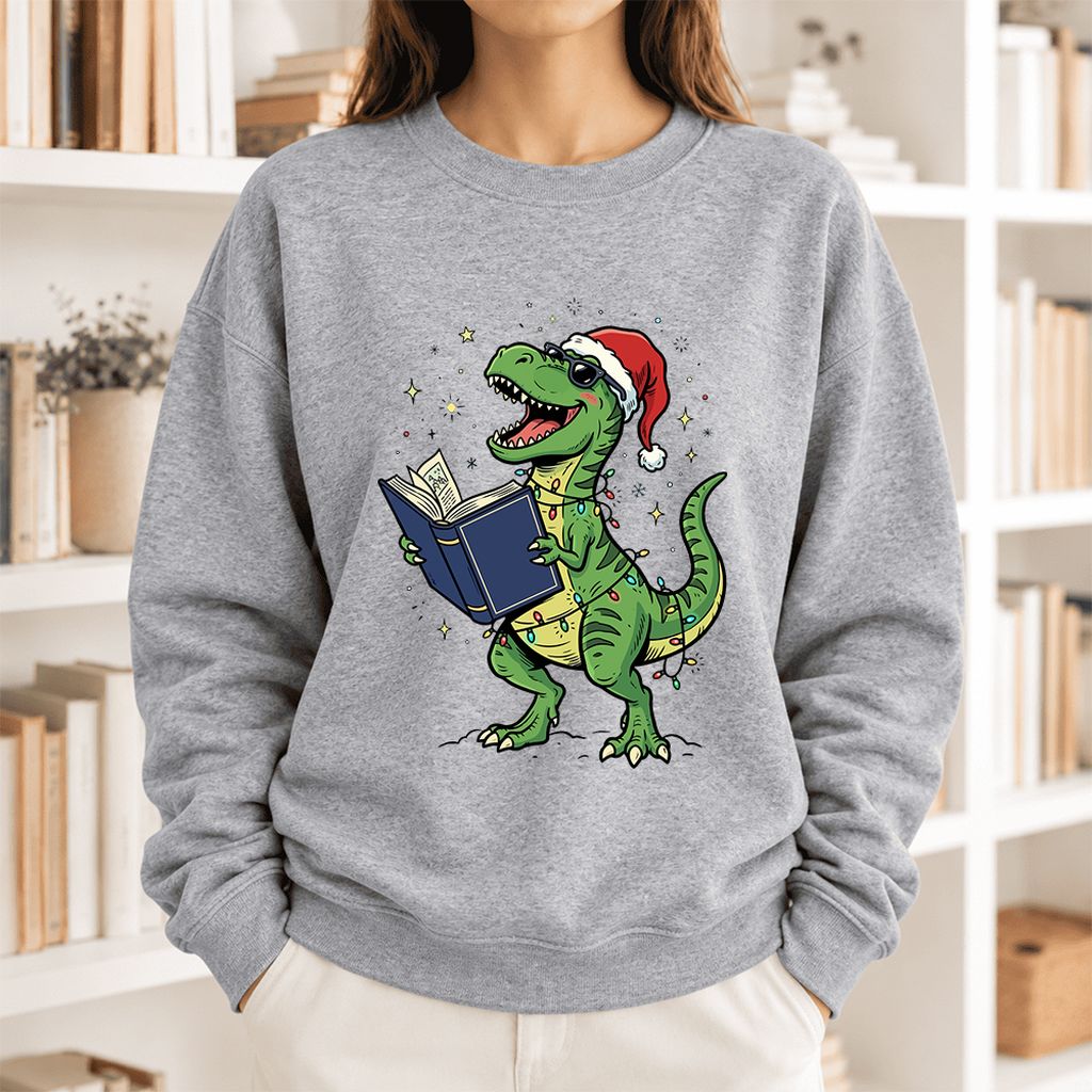 T-Rex Wearing Santa Hat And Reading Softstyle Sweatshirt | Christmas Reader Gift Sport Grey