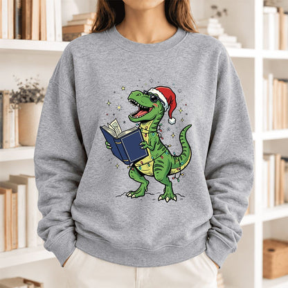 T-Rex Wearing Santa Hat And Reading Softstyle Sweatshirt | Christmas Reader Gift Sport Grey