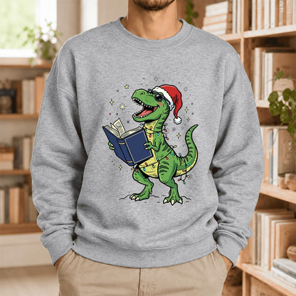 T-Rex Wearing Santa Hat And Reading Softstyle Sweatshirt | Christmas Reader Gift Sport Grey