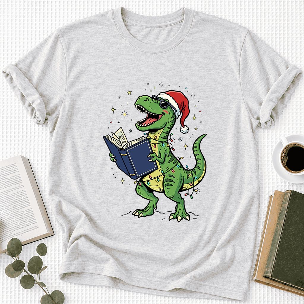 T-Rex Wearing Santa Hat And Reading Ultra-Soft Cotton T-Shirt | Christmas Gift Ash