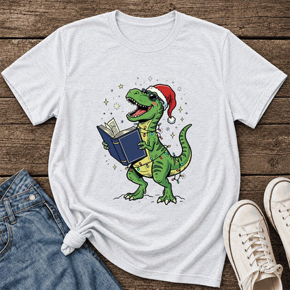 T-Rex Wearing Santa Hat And Reading Ultra-Soft Cotton T-Shirt | Christmas Gift Ash