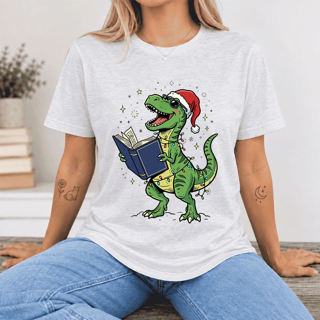 T-Rex Wearing Santa Hat And Reading Ultra-Soft Cotton T-Shirt | Christmas Gift Ash