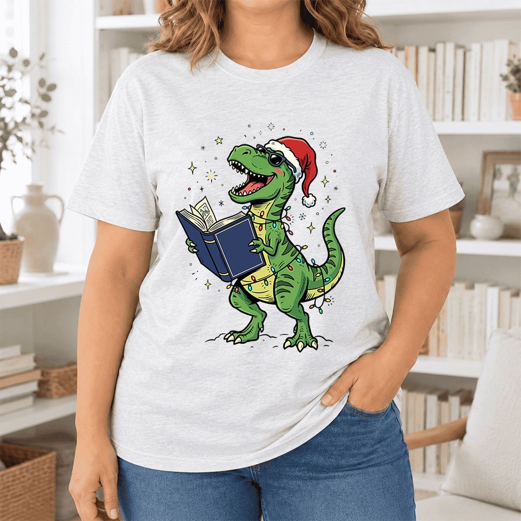 T-Rex Wearing Santa Hat And Reading Ultra-Soft Cotton T-Shirt | Christmas Gift Ash